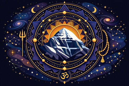 Stylized vector art of lord Shiva's sacred mount Kailash mountain. holy place of Shiva. trishul, trident, moon and cosmos beautiful spiritual mahashivratri illustration