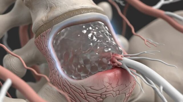 Visual depiction of a herniated disc protruding and contacting the spinal nerve, causing pain