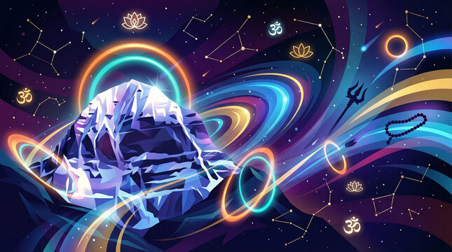 Stylized vector art of lord Shiva's sacred mount Kailash mountain. holy place of Shiva. trishul, trident, moon and cosmos beautiful spiritual mahashivratri illustration