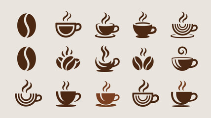 Obraz premium A collection of brown coffee beans and steaming cups illustrated in a simple graphic style arranged in a grid pattern high quality professional detailed modern elegant