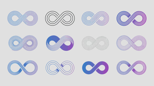 A grid displays nine variations of the infinity symbol showcasing gradient color schemes ranging from purple to blue high quality professional detailed modern elegant stylish clean