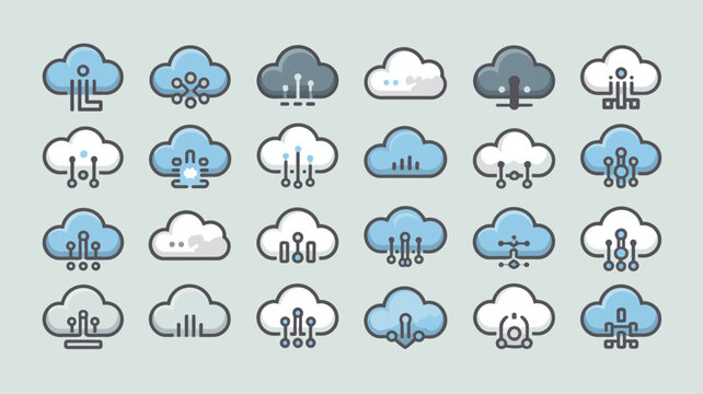 A collection of cartoon style weather icons depicting various cloud formations and precipitation types arranged in a grid pattern high quality professional detailed modern elegant stylish