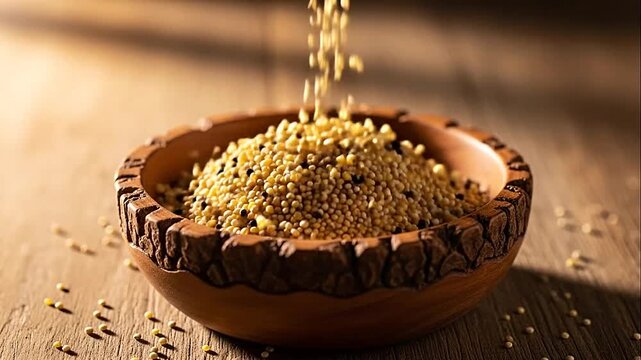 Healthy quinoa grains pouring into a rustic wooden bowl on a natural wooden surface, highlighting organic and wholesome food.