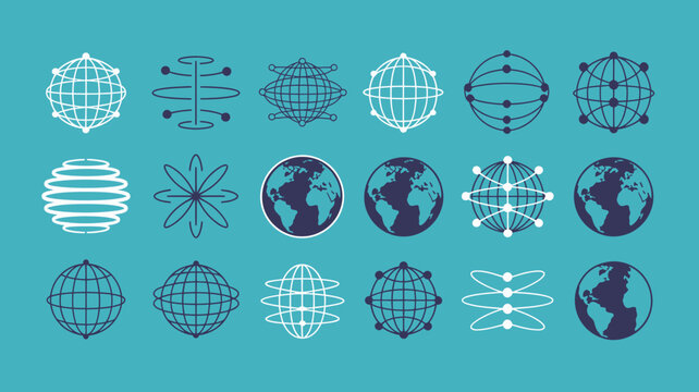 A collection of abstract geometric shapes and representations of earth arranged in a grid like pattern on a teal background high quality professional detailed modern elegant