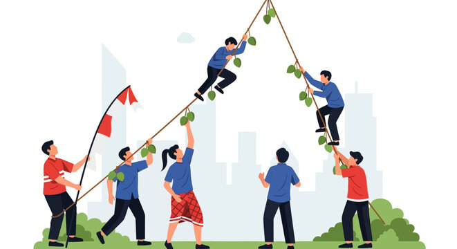 Panjat Pinang Game Illustration for Indonesian Independence Day Celebration: Traditional Competition and Teamwork Concept