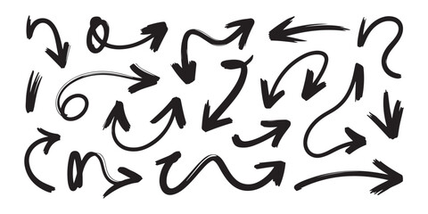 Set of hand drawn doodle arrows isolated on a white background, collection of black thick line sketch arrow icons