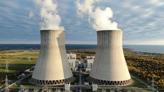 Aerial view of a nuclear power plant with two cooling towers releasing steam and clouds under a blue sky.