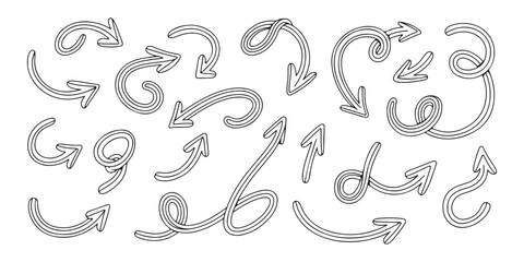 Collection of hand drawn arrows in doodle style with unique shapes and elegant curved lines