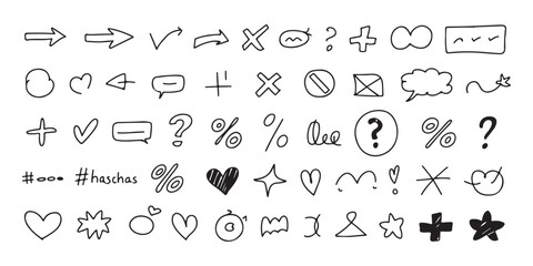 Hand drawn symbols and icons including arrows, checks, hearts, lightning bolts, and math signs