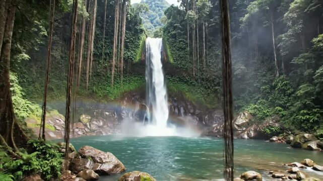Scenic waterfall cascading into a turquoise pool in lush tropical rainforest with a vibrant rainbow in the misty spray