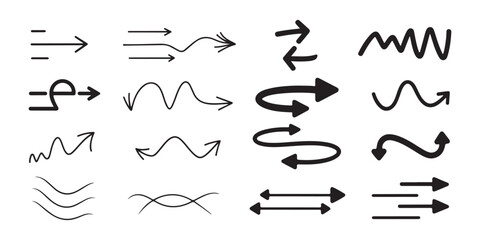 Minimalist hand drawn wavy arrows and squiggly line collection for creative layouts and information graphics