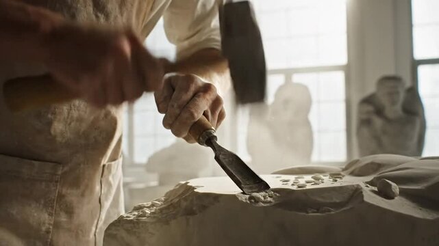 Skilled artisan hand carving stone statue using hammer and chisel technique in bright workshop