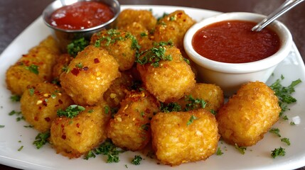 Fototapeta premium Breaded Fried Potato Bites Served With Tomato Sauce high resolution photo