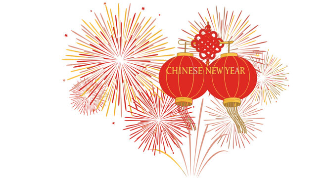 Chinese New Year Fireworks and Lanterns Illustration.