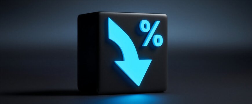 3d rendered black cube with a bright blue neon down arrow and percentage symbol indicating a decrease or reduction in value