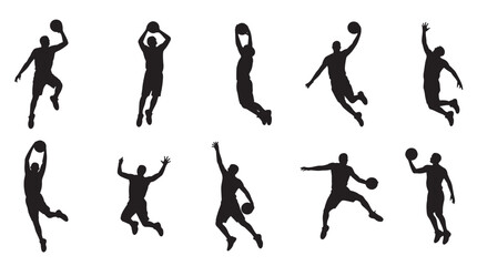 ten black silhouettes of basketball players in various  © Rxibs