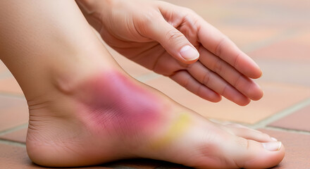 Fototapeta premium Injured Ankle with Bruise on Tile Floor