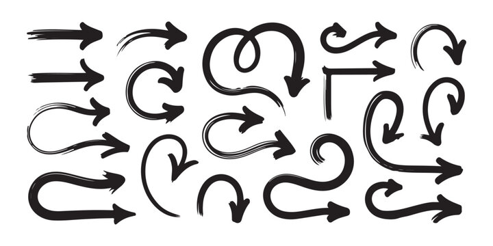 Set of hand drawn doodle arrows collection, black brushed painted arrow shapes, pointers, and directions