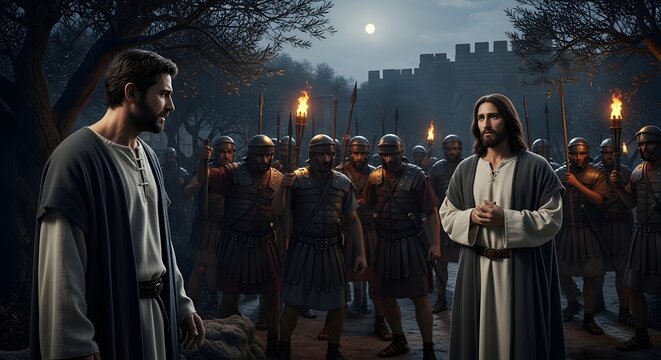 A spiritual leader stands resolute amidst a torch-lit crowd, confronting his accusers under a full moon in a dramatic historical nighttime scene