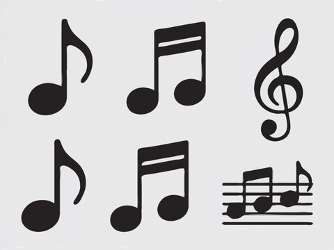 6 music symbol silhouettes: single note, double eighth note, treble clef, bass clef with negative space, cluster of notes, and a small staff-line segment with notes