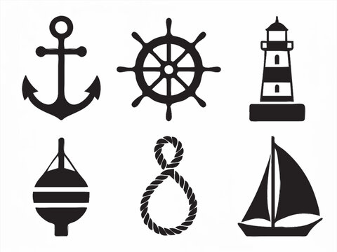 6 nautical silhouettes: anchor, ship wheel, lighthouse, buoy, rope knot, and simple sail shape