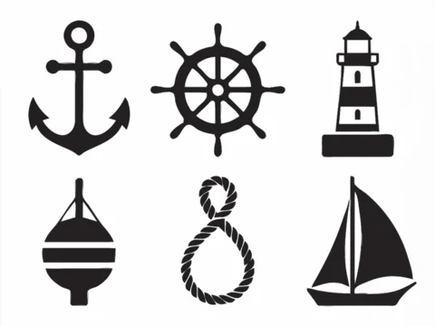 6 nautical silhouettes: anchor, ship wheel, lighthouse, buoy, rope knot, and simple sail shape