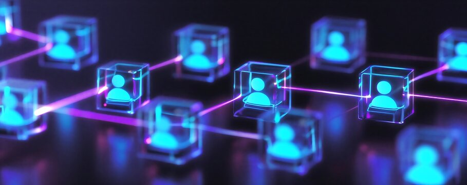 Abstract digital network of glowing blue human profile icons within transparent cubes interconnected by vibrant magenta lines creating a concept of global connection and communication