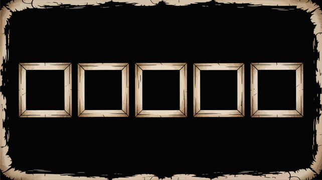 A dark and ominous image presents five empty rectangular frames aligned horizontally against a black background framed by a distressed border high quality professional detailed modern