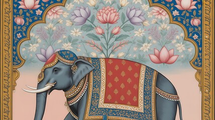 Indian mughal miniature painting depicting a maharaja procession with elephants and attendants
