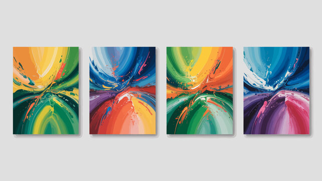 A vibrant four panel abstract artwork displays swirling colorful paint strokes creating a dynamic and energetic visual composition on a light backdrop high quality professional detailed