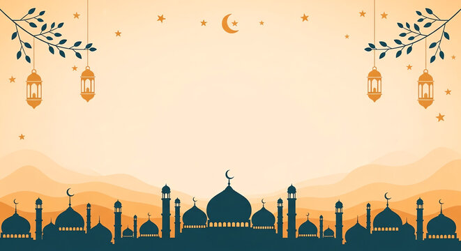 Islamic Ramadan Greeting Background with Mosque Silhouette and Hanging Lanterns