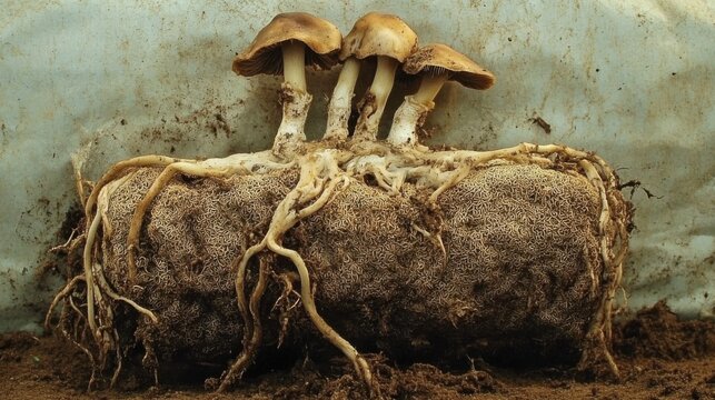 Vibrant mushroom mycelium growing from a fibrous substrate, with visible root structures and emerging caps, showcasing remarkable natural fungal development.