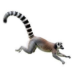 Fototapeta premium Ring-tailed Lemur Jumping Isolated on White Background on white background, Isolated on Transparent Background