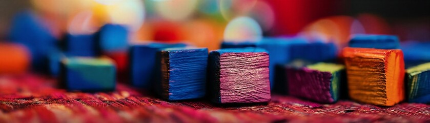 Fototapeta premium Vibrant and colorful small blocks with a textured surface displayed on a patterned fabric surface with bokeh background