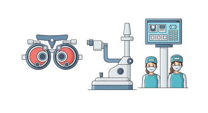 Optometry Examination Equipment: Phoropter, Slit Lamp, Digital Display, and Ophthalmologist Staff