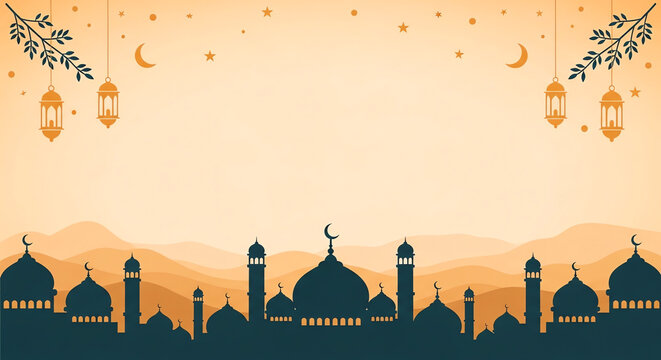 Islamic Ramadan Greeting Background with Mosque Silhouette and Hanging Lanterns