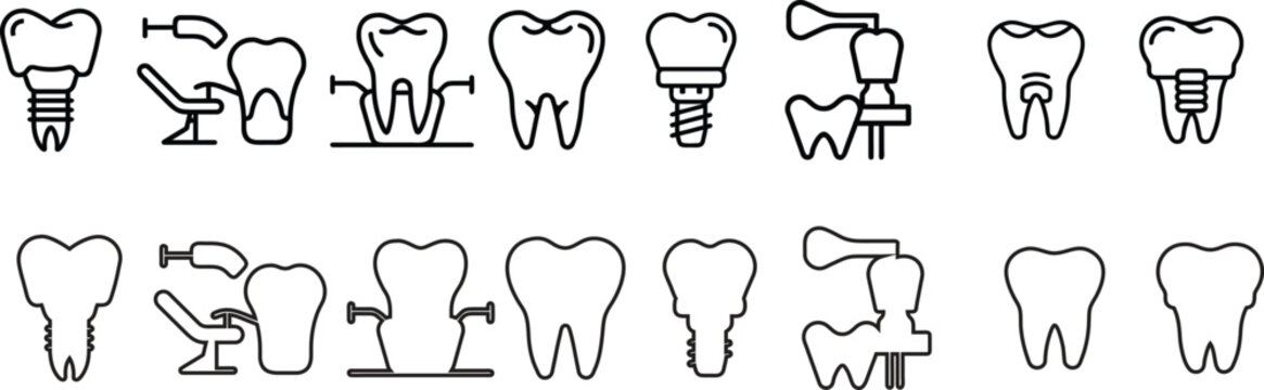 Dental icon set. Containing tooth, dentist, toothpaste, toothbrush, teeth, implant and dentistry icons. Solid icon collection. Vector illustration.