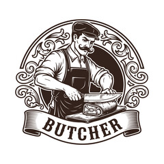 Vintage Butcher Shop Logo Design, Retro Engraving Illustration of Gentleman Butcher, Premium Meat Market Emblem in Classic Line Art Style Isolated on Light Background