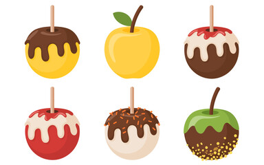 Collection of candy apples and fresh apple sticks with various toppings caramel chocolate