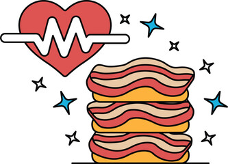 Obraz premium A heart and a stack of bacon are shown in a black and white drawing