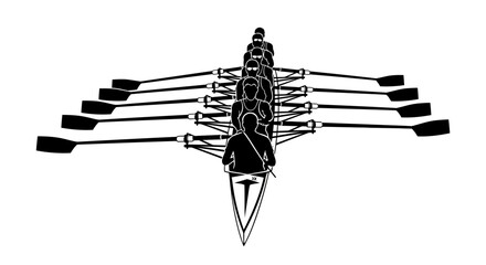 Rowing Team Silhouette: A top-down monochrome depiction of a competitive rowing team, meticulously synchronized as they power through the water with unwavering resolve. © Leonardo