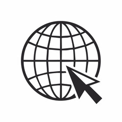 Black and white icon of a globe with a cursor pointing to it, symbolizing internet, global network, and online access.