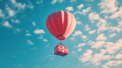 Fototapeta premium A Box flying on a parachute with pink cloud,vector illustration of package flying down from sky and cloud with parachute, concept for delivery service,shopping online,air delivery service.