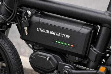 Lithium ion battery mounted on electric bicycle frame with charge indicators showing modern transportation power technology