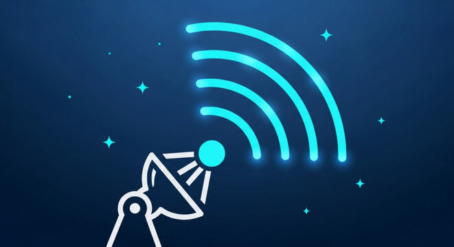 Satellite dish transmitting signal with glowing blue waves in starry night sky