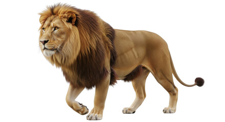 Obraz premium Majestic adult male lion with a full, shaggy brown mane walking gracefully, isolated on a clean white background for easy cutout.