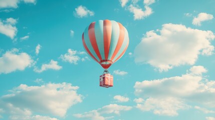 Fototapeta premium A Box flying on a parachute with pink cloud,vector illustration of package flying down from sky and cloud with parachute, concept for delivery service,shopping online,air delivery service.