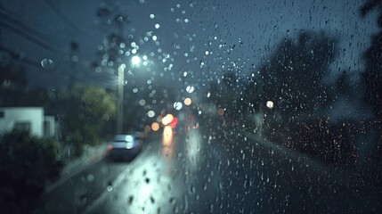 Rainy Night Street Scene Through Wet Window
