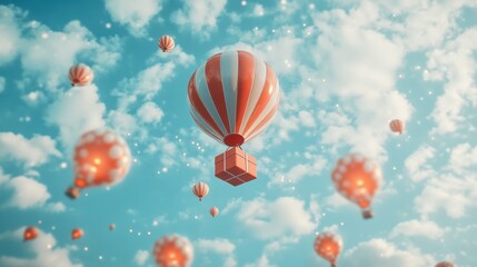 Obraz premium A Box flying on a parachute with pink cloud,vector illustration of package flying down from sky and cloud with parachute, concept for delivery service,shopping online,air delivery service.