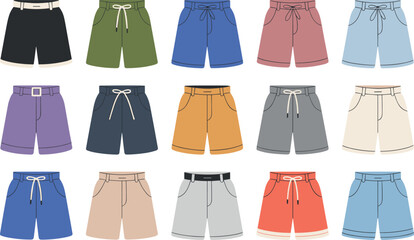 Large collection of colorful men's casual shorts and swim trunks in various styles isolated on white background © Ahmed Sahid